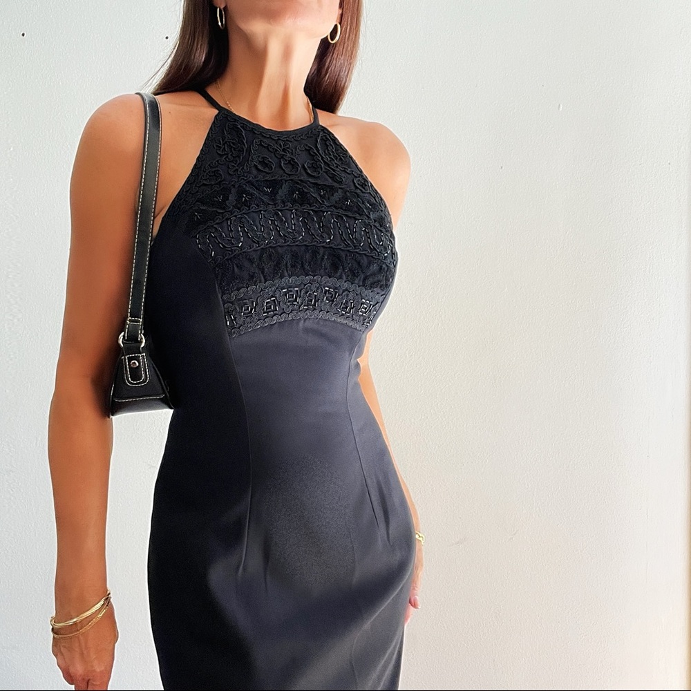Vintage Carole Little black beaded High Neck Gown 4 Small Minidress
